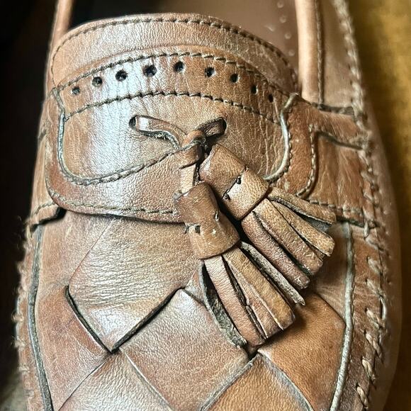 Vintage Woven Leather Tassel Loafers Mens 9.5 Brown Moc Toe Slip On Casual Tan main image 10